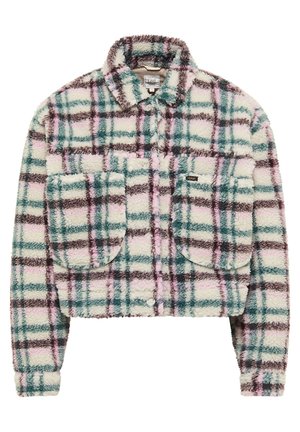 Korte, pluizige jas met zachte textuur, ruitpatroon in crème, roze, groen en bruin, voorzakken met klep en kraag.