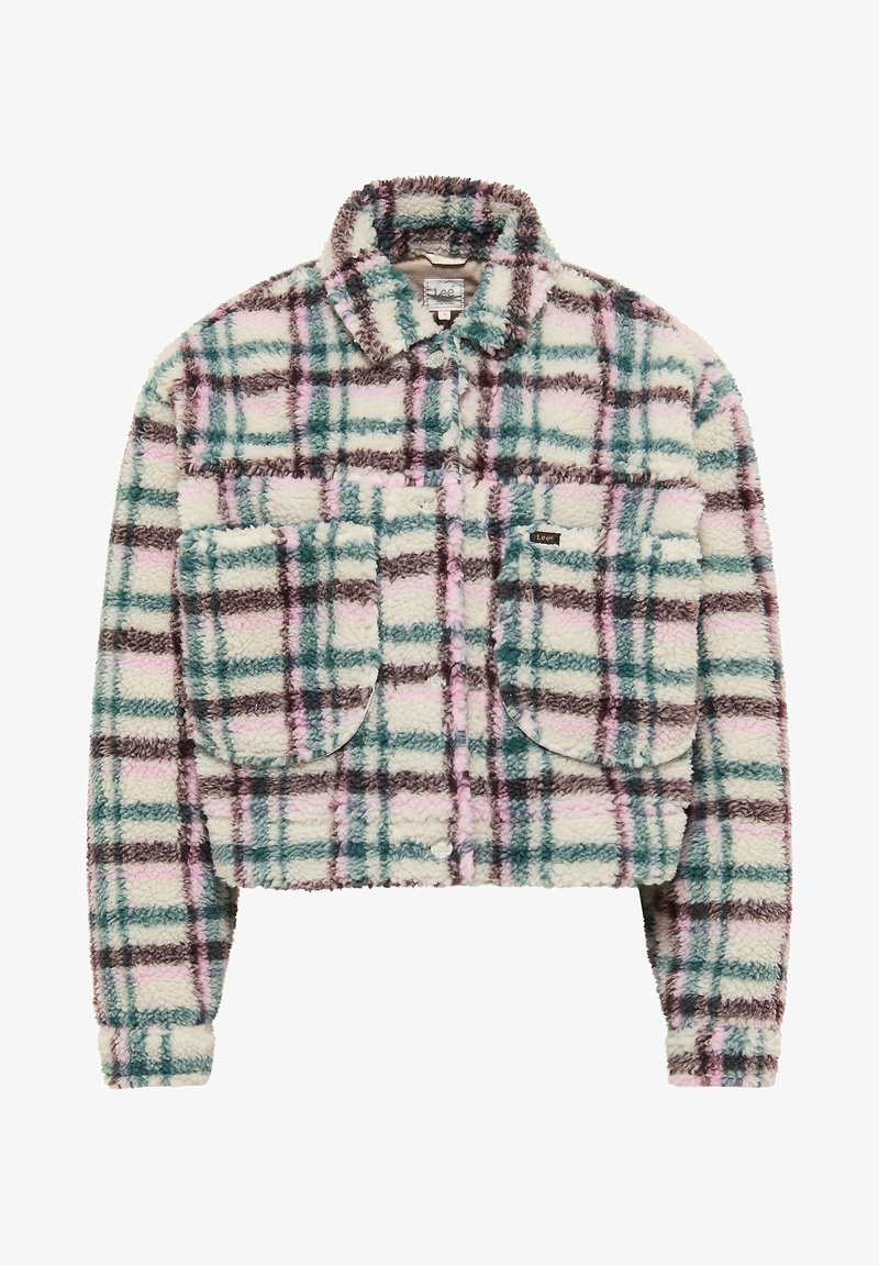 Veste courte duveteuse avec une texture pelucheuse, motif à carreaux crème, rose, vert et marron, poches avant à rabat et col.