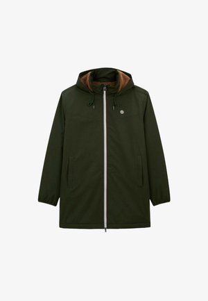 Olive green jacket featuring a hood, front zip closure, and two side pockets. Interior lined with brown faux fur for added warmth.