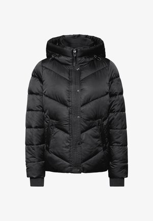 Musta puhvitakki hupun kanssa, jossa on vaakasuuntaiset viisto-tikkaukset, vetoketju- ja nepparisuljenta sekä ribatut hihansuut. Mukana on kaksi sivutaskua.