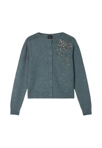 Blågrøn strikket cardigan med rund hals, knaplukning og pyntet mønster af flerfarvede krystaller på venstre skulder.