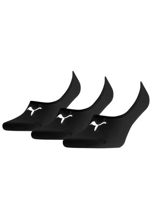 Tres pares de calcetines negros de corte bajo, hechos de un material suave, con un logo blanco en la parte frontal. Cada calcetín tiene un diseño sin costuras.