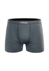 Des boxers gris présentent un tissu lisse et élastique, une coupe ajustée et une ceinture blanche contrastante avec le logo "FRGN".