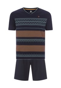 Navy short-sleeve V-neck two-piece set featuring geometric patterns in light blue and orange, made of soft, breathable fabric.