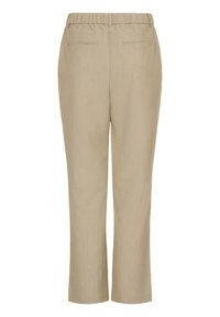 Beige nadrág egyenes lábformával, rugalmas derékkal és két hátsó zsebbel, amelyek vízszintes varrással rendelkeznek. Simább anyagtextúra.