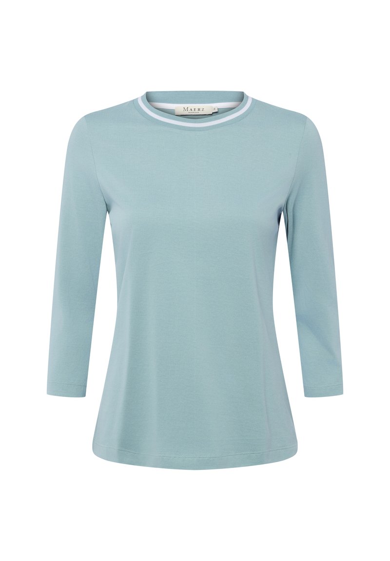 Hellblaues Langarmshirt mit rundem Ausschnitt und kontrastierendem weißen Saum. Hergestellt aus weichem Stoff mit glatter Textur.