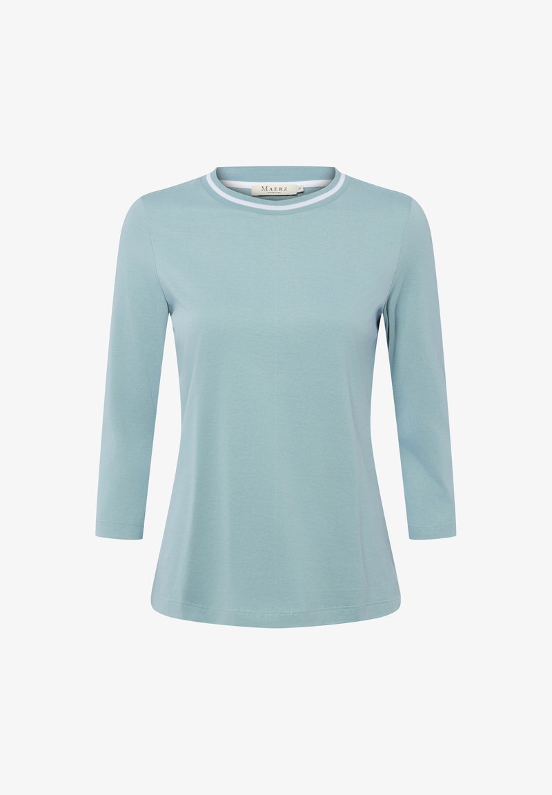 Hellblaues Langarmshirt mit rundem Ausschnitt und kontrastierendem weißen Saum. Hergestellt aus weichem Stoff mit glatter Textur.