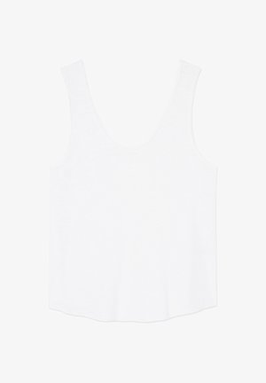 Bela majica brez rokavov z zaobljenim izrezom in širokimi naramnicami, položena na ravno površino na belem ozadju.