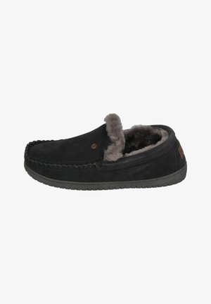 Black suede slipper with grey fur lining, rounded toe, low heel, and stitched detailing along the edges. Rubber sole for traction.