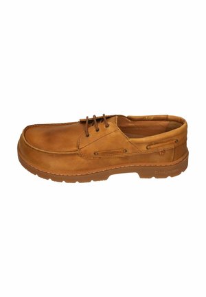 Brown leather casual lace-up shoe with visible stitching and rubber sole, side view on white background.