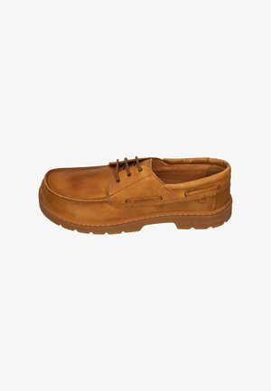 Brown leather casual lace-up shoe with visible stitching and rubber sole, side view on white background.
