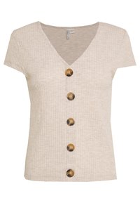 Beige kortærmet top med V-hals, ribbet tekstur og fem dekorative brune knapper ned ad midten. Casual design, der er velegnet til hverdagsbrug.