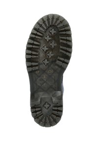 Semelle de chaussure en caoutchouc noir avec des rainures profondes, présentant des motifs d'étoiles et de diamants. Comprend un logo en relief et une surface texturée pour une meilleure adhérence.