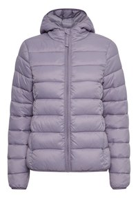 Jasnofioletowa pikowana kurtka puchowa z kapturem, przeszywana, z zamkiem z przodu i elastycznymi mankietami. Wykonana z gładkiej, ocieplanej tkaniny.