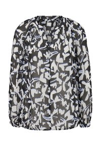 Zwart, wit en blauw gebloemd blouse met een gathering bij de halslijn en lange mouwen, gemaakt van een lichte, doorzichtige stof.