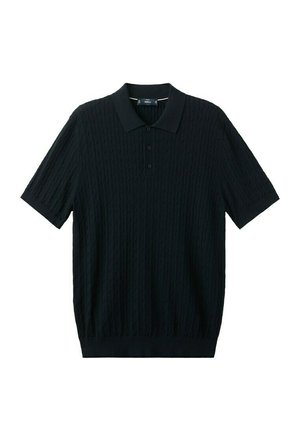 Polo noir à manches courtes avec motif en maille torsadée texturée, ourlet et poignets côtelés, et patte de boutonnage à trois boutons.