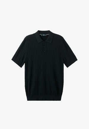 Polo noir à manches courtes avec motif en maille torsadée texturée, ourlet et poignets côtelés, et patte de boutonnage à trois boutons.