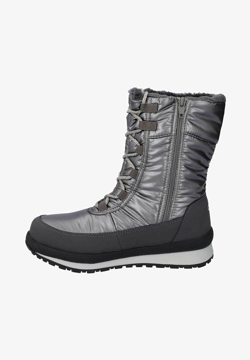 Graue isolierte Stiefel mit einer glänzenden, gepolsterten Oberseite, Gummisohle, kontrastierenden schwarzen Akzenten, seitlichem Reißverschluss und schnürbarem Vorderteil für einen sicheren Sitz.