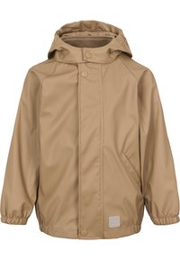 Helle, wasserfeste Jacke mit Kapuze, Druckknopfverschluss, elastischen Bündchen und Seitentaschen. Hergestellt aus glattem, synthetischem Material.