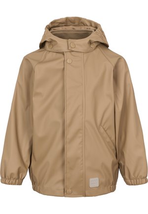Helle, wasserfeste Jacke mit Kapuze, Druckknopfverschluss, elastischen Bündchen und Seitentaschen. Hergestellt aus glattem, synthetischem Material.