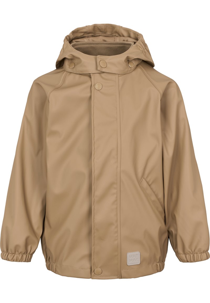 Helle, wasserfeste Jacke mit Kapuze, Druckknopfverschluss, elastischen Bündchen und Seitentaschen. Hergestellt aus glattem, synthetischem Material.