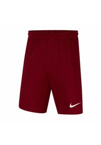 Rode sportieve shorts gemaakt van lichtgewicht stof, met een elastische tailleband en een wit Nike-logo op de onderzijde van het linkerpootje.