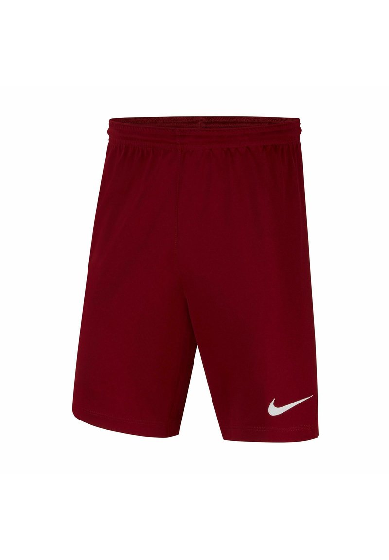 Rode sportieve shorts gemaakt van lichtgewicht stof, met een elastische tailleband en een wit Nike-logo op de onderzijde van het linkerpootje.