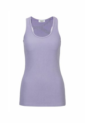 Camiseta sin mangas de canalé color lavanda con escote redondo y estilo con tirantes en cruz en la espalda, silueta ajustada y etiqueta de la marca "Replay" en el interior del cuello.