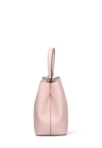 Roze leren handtas met een gestructureerde vorm, enkele handgreep en gestikte details. Voorzien van een sluiting aan de bovenkant en een gladde textuur.