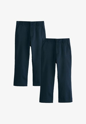 Dos pares de pantalones azul marino de corte recto, con trabillas para cinturón y bolsillos laterales, mostrados extendidos sobre un fondo blanco.