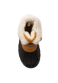 Stivali invernali neri e marroni con un morbido interno bianco soffice. Presentano una suola in gomma con trazione e una punta arrotondata. Accenti in morbido tessuto molto evidenti.