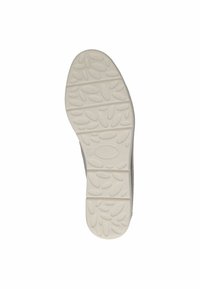 Szürke sneaker talp, texturált fehér gumifelülettel, kerek formával és szabálytalan ovális mintázattal a tapadás érdekében.