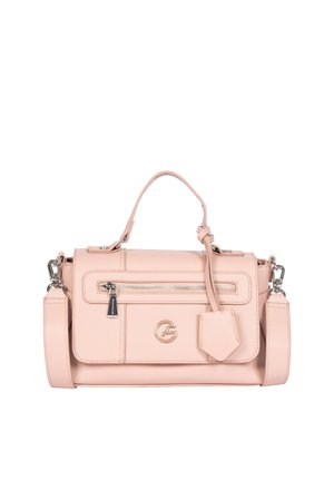 Light pink leather handbag with top handle, detachable shoulder strap, front zip pocket, and decorative hanging tag.