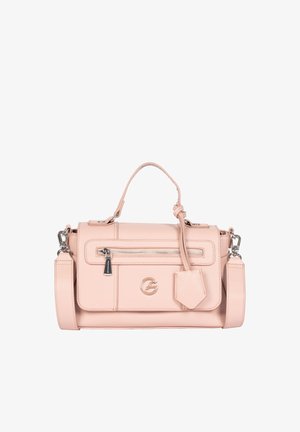 Lichtroze leren handtas met bovenhandvat, afneembare schouderriem, voorvak met rits en decoratief hangend label.