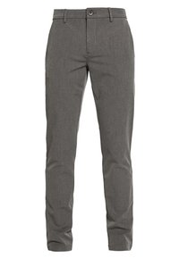 Gray trousers made from a textured fabric, featuring a button closure, belt loops, and a tailored fit with straight legs.