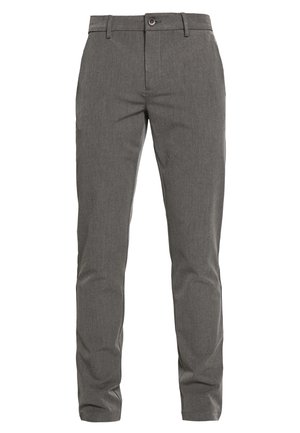 Pantaloni grigi realizzati in un tessuto testurizzato, con chiusura a bottone, passanti per la cintura e una vestibilità sagomata con gambe dritte.