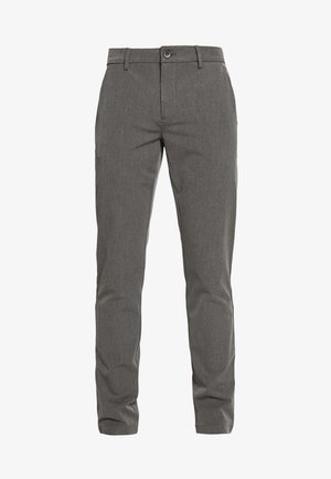 Pantaloni grigi realizzati in un tessuto testurizzato, con chiusura a bottone, passanti per la cintura e una vestibilità sagomata con gambe dritte.