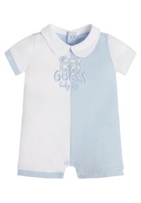 Lyhythihainen vauvanhaalari valkoisena ja vaaleansinisenä, jossa kaulus, kirjailtu karhukuosi ja alaosassa painonapit.