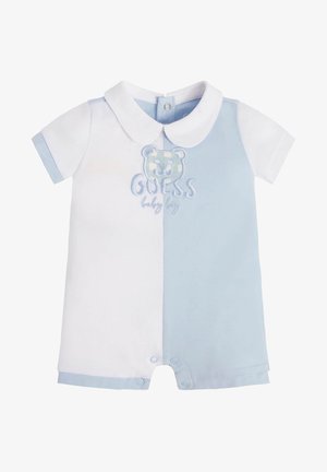 Kortärmad babyoverall i vitt och ljusblått med krage, med broderad björndesign och tryckknappar längst ner.