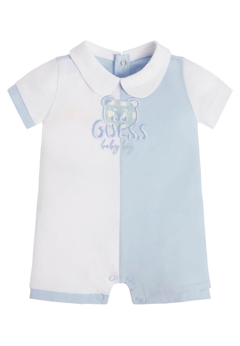 Lyhythihainen vauvanhaalari valkoisena ja vaaleansinisenä, jossa kaulus, kirjailtu karhukuosi ja alaosassa painonapit.