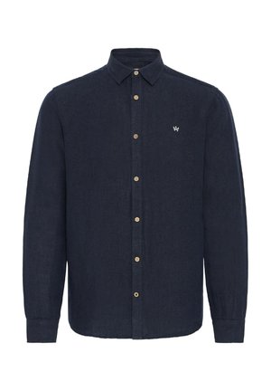 Marineblaues Leinenhemd mit langen Ärmeln, Button-Down-Kragen, Holzknöpfen und kleinem Logo auf der Brust. Strukturierter Stoff sorgt für einen lässigen Look.