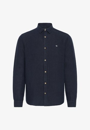 Marineblaues Leinenhemd mit langen Ärmeln, Button-Down-Kragen, Holzknöpfen und kleinem Logo auf der Brust. Strukturierter Stoff sorgt für einen lässigen Look.