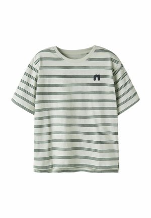 Short-sleeve white T-shirt with thin black horizontal stripes and a small black abstract logo on the upper left chest.