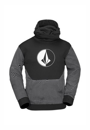 Sudadera con capucha en blanco y negro con cuello alto, patrones abstractos de líneas onduladas en las mangas y la parte inferior, y un logo geométrico circular en el pecho.