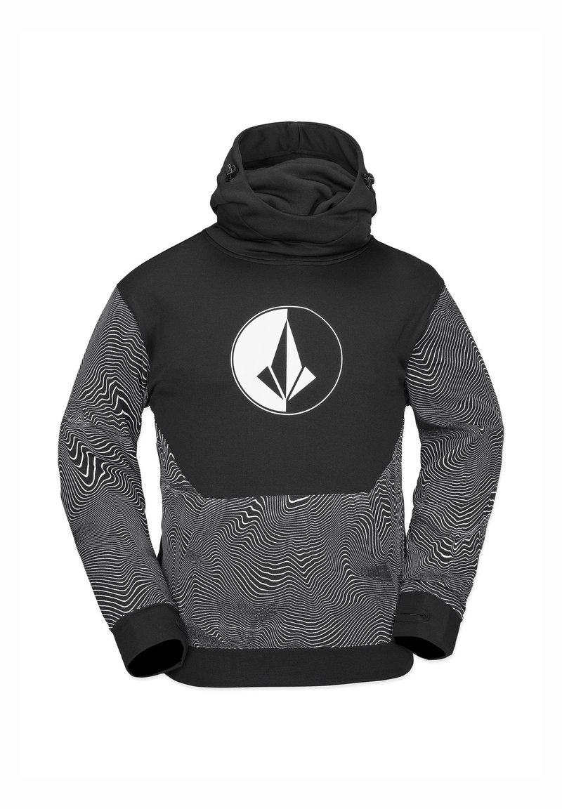 Sweat à capuche noir et blanc avec col montant, motifs abstraits de lignes ondulées sur les manches et le bas, et un logo géométrique circulaire sur la poitrine.