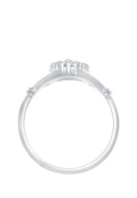 Bague en argent avec un anneau arrondi orné de crêtes décoratives, surmonté d'un sertissage en forme de fleur contenant de petites pierres précieuses.