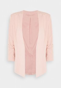 Jemně růžová, lehká bunda s třičtvrtinovými rukávy, otevřeným předním dílem a řasením na rukávech. Hladká textura, jednoduchý design.