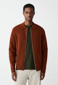 Rust-colored knitted cardigan with a zip front, plush texture, ribbed hem and cuffs, paired with a dark green shirt underneath.
