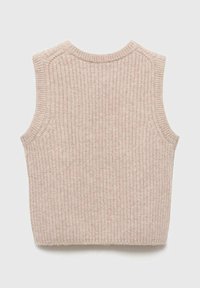 Ribbad beige stickad väst med ärmlös design, rund halsringning och textilstruktur. Inga synliga sömmar eller dekorationer.