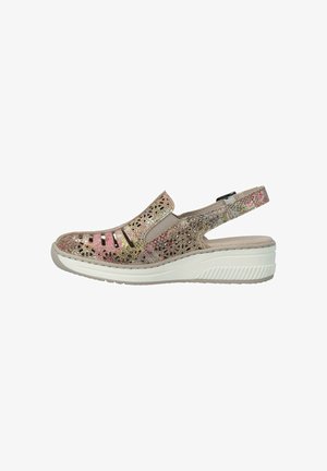 Sandale à bride arrière pour femme, beige à motif floral, avec semelle blanche rembourrée et panneau élastique à l'ouverture du pied.